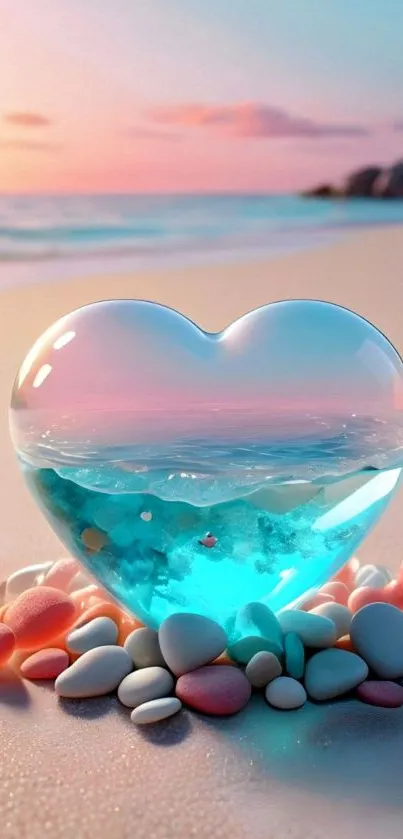 Heart-shaped ocean scene with colorful stones on the beach.