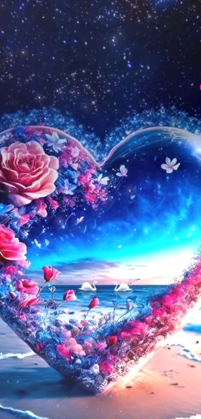 Heart-shaped island with flowers under a starry night in ocean view.