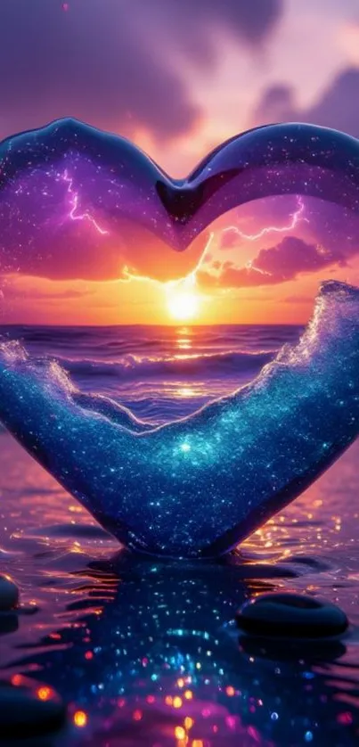 Heart-shaped ocean sunset with vibrant waves.