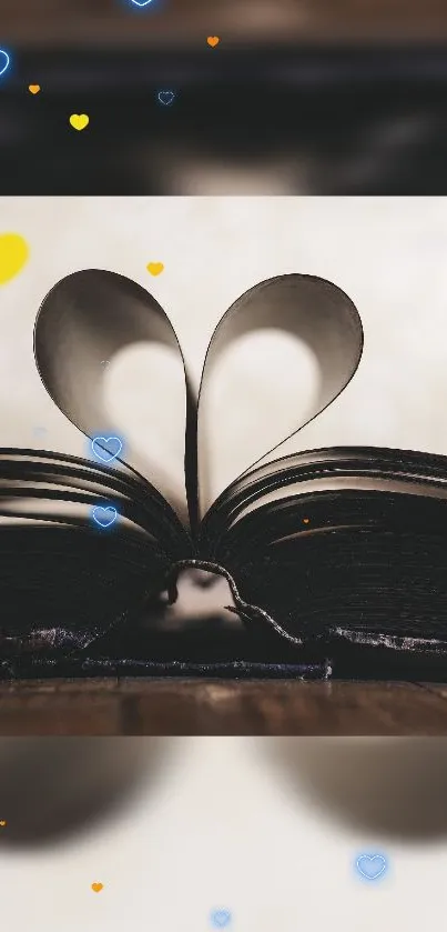 Heart-shaped pages with floating hearts on book.