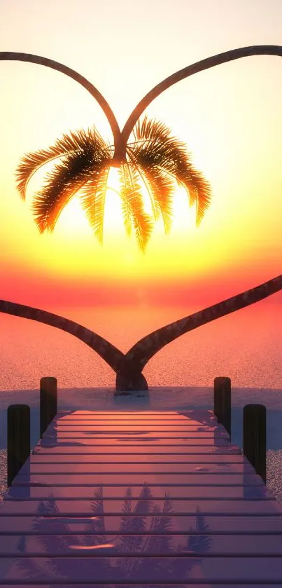 Heart-shaped palms at sunset creating a romantic beach scene.