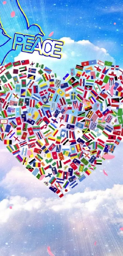 Heart-shaped peace design with flags and a blue sky background.