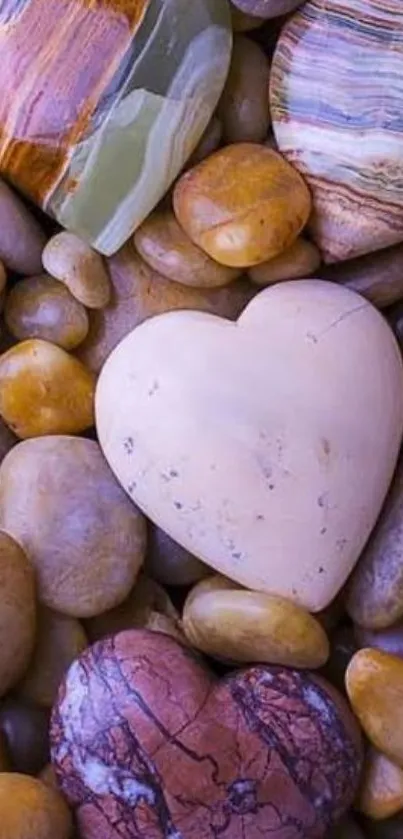 Heart-shaped pebbles in earthy tones create a calming mobile background.