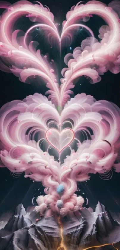 Heart-shaped pink clouds over mountains create a dreamy wallpaper.