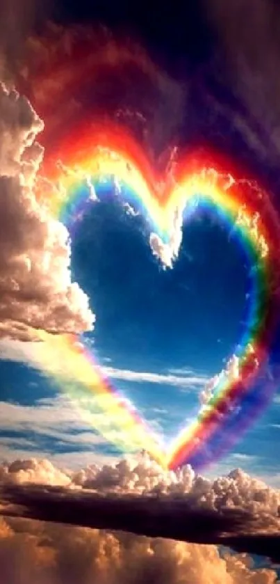 Heart-shaped rainbow in clouds against a blue sky.