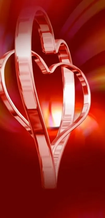 Heart-shaped metallic design on red background wallpaper.