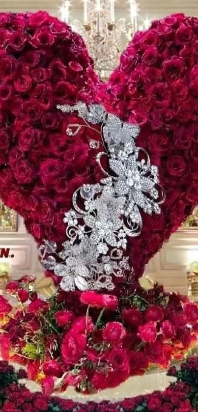 Heart-shaped bouquet of red roses with silver accents in an elegant setting.