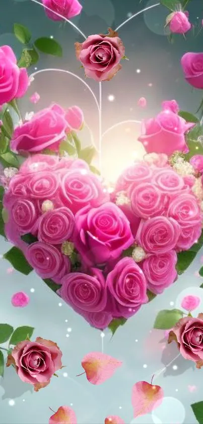 Heart-shaped pink rose bouquet wallpaper with a dreamy backdrop.