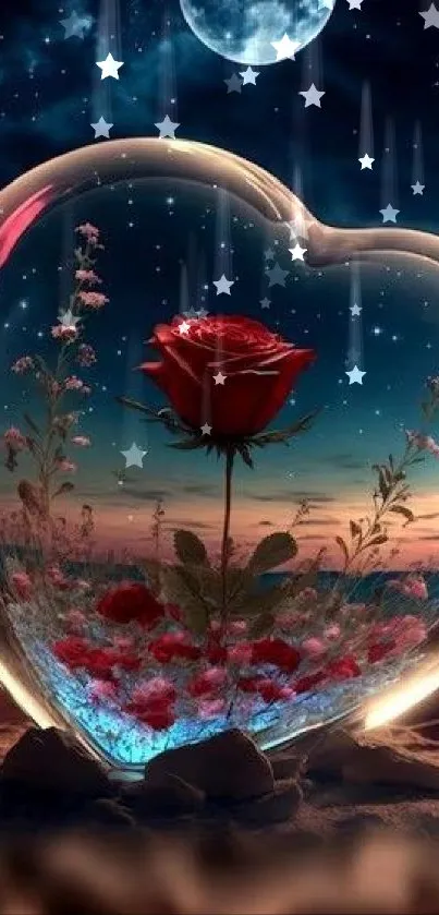 Heart-shaped glass with red rose at night on beach.