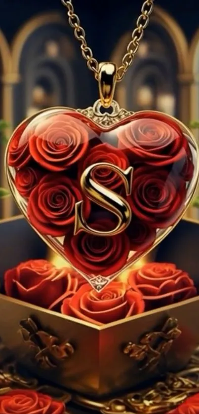 Heart-shaped pendant filled with red roses and gold chain.