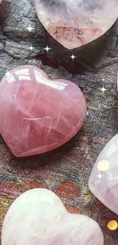 Heart-shaped rose quartz stones on display.