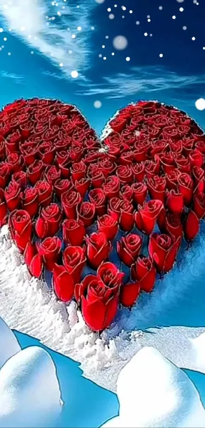 Heart-shaped red roses on snowy ground with blue sky.