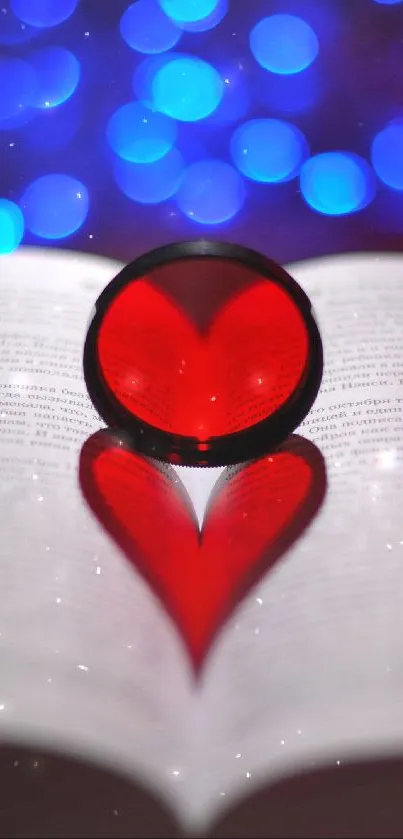 Heart-shaped reflection on a book with red and blue colors.