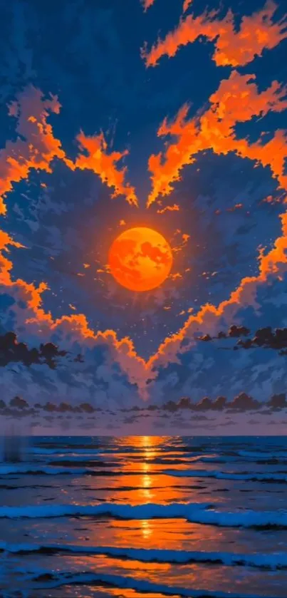 Heart-shaped sunset clouds over ocean at dusk.