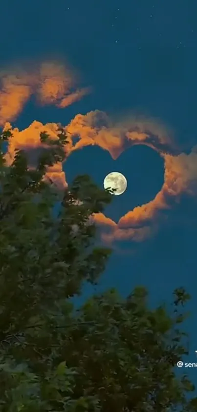 Heart-shaped cloud with moon against a dark blue sky and tree silhouette.