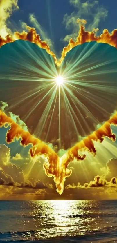 Heart-shaped cloud over ocean with sun rays.