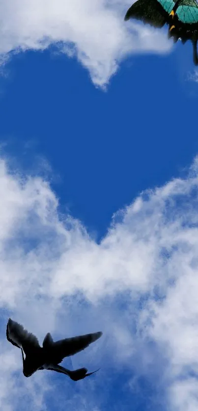 Heart-shaped blue sky with clouds, bird, and butterfly.