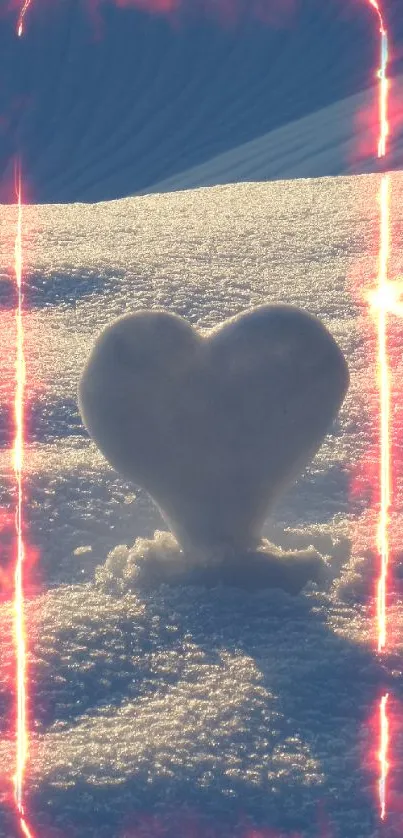 Heart-shaped snow sculpture with fiery glow on a winter landscape.