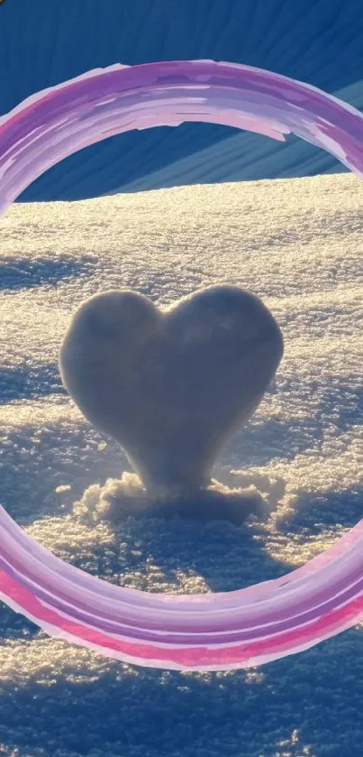 Heart-shaped snow sculpture with pink circle in a winter landscape.