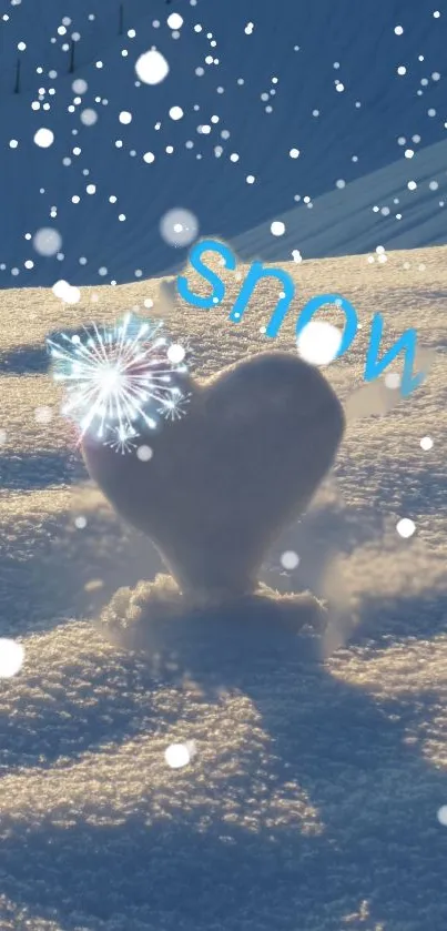 Heart-shaped snow on a serene winter landscape with blue sky.