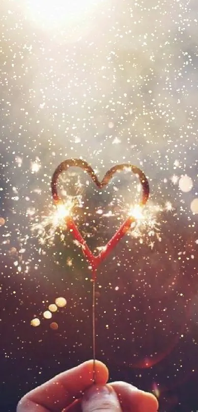 Heart-shaped sparkler glowing brightly against a blurred background.