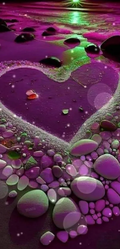 Heart-shaped stone design with purple beach sunset.