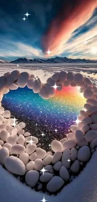 Heart-shaped stone arrangement with a colorful rainbow reflection in the snow.