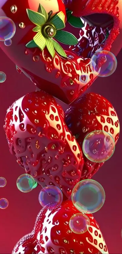 Heart-shaped strawberry artistic wallpaper with vibrant red hues.