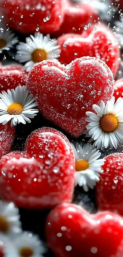 Heart-shaped strawberries and daisies with sugar sprinkles.