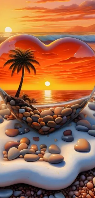 Heart-shaped beach scene with sunset and palm tree.