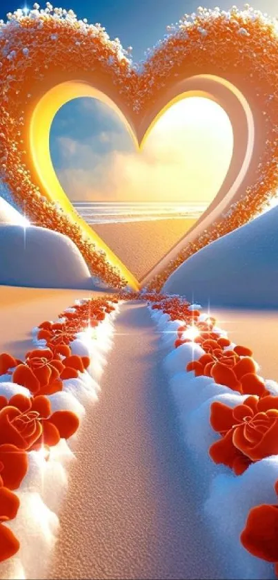 Heart-shaped path blooming with flowers at sunset.