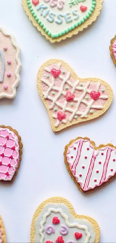 Heart-shaped cookies with pink and white icing on a light background.