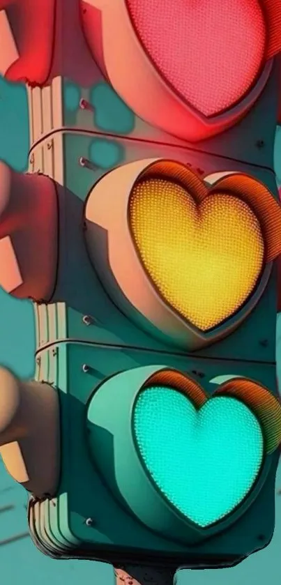 Heart-shaped traffic light with teal, red, and yellow highlights.