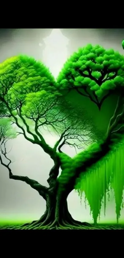 Heart-shaped tree art with vibrant green foliage.