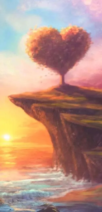 Heart-shaped tree on cliff at vibrant sunset.