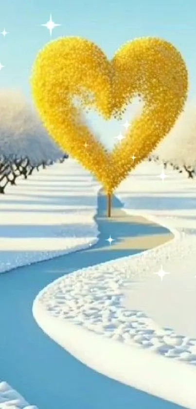 Heart-shaped yellow tree in snowy winter landscape.