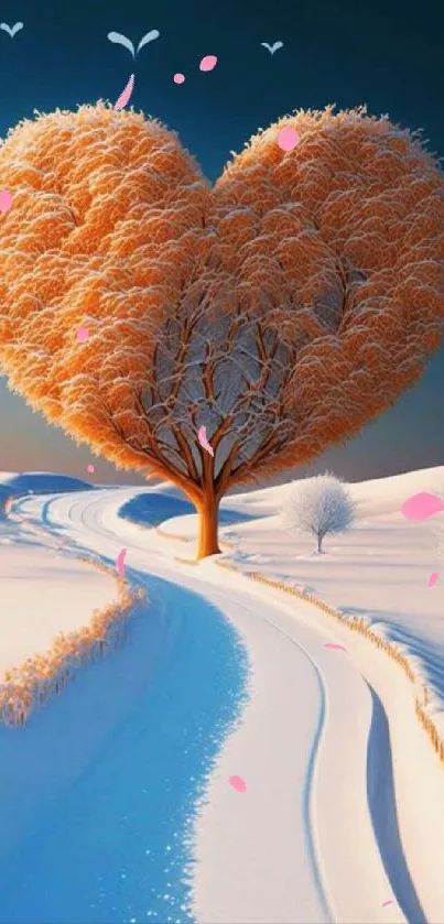 Heart-shaped tree with orange foliage in a snowy winter landscape.