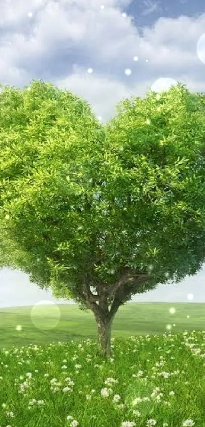 Heart-shaped tree in a green landscape with blue sky background.