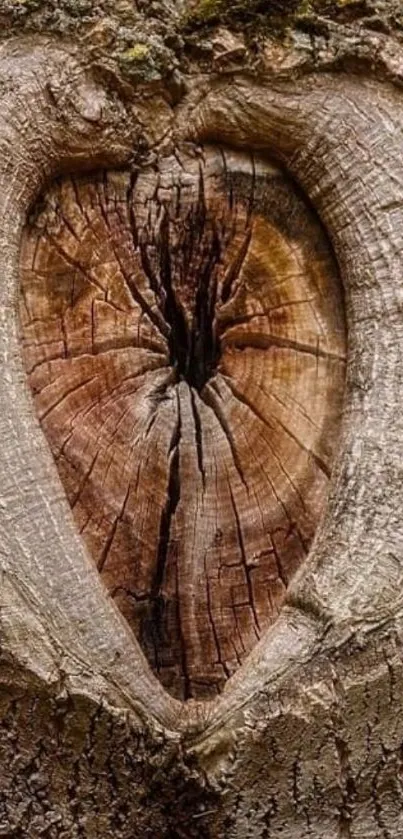 Heart-shaped tree bark with brown wood texture.