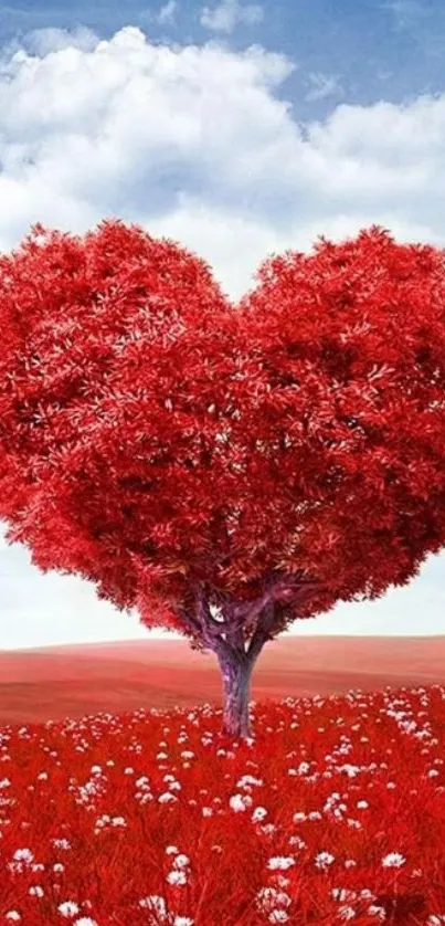 Heart-shaped tree on a red field with blue sky background.