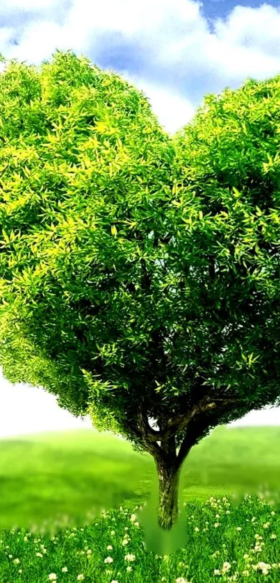 Heart-shaped tree with lush green leaves on a sunny blue sky background.