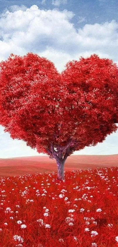 Heart-shaped red tree in a vibrant flower field against a blue sky.