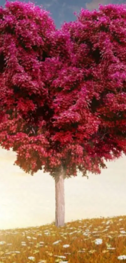 Heart-shaped tree with magenta leaves at sunset in nature.