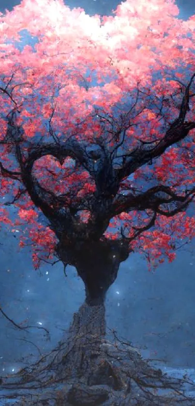 Heart-shaped tree against a mystical blue night sky.