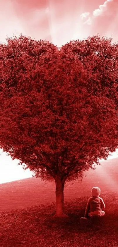 Heart-shaped tree with a red sky.