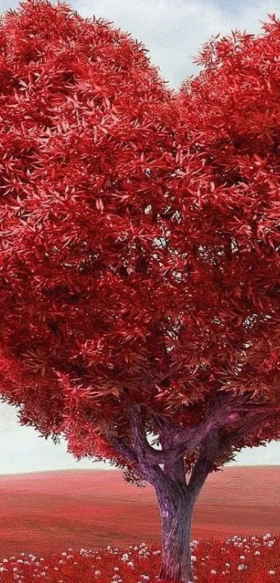 Heart-shaped red tree in a meadow wallpaper.