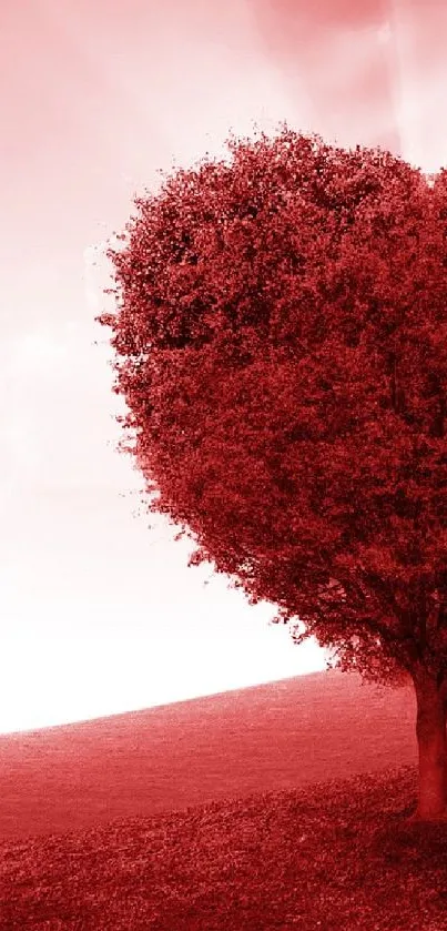 Red heart-shaped tree on a serene landscape.