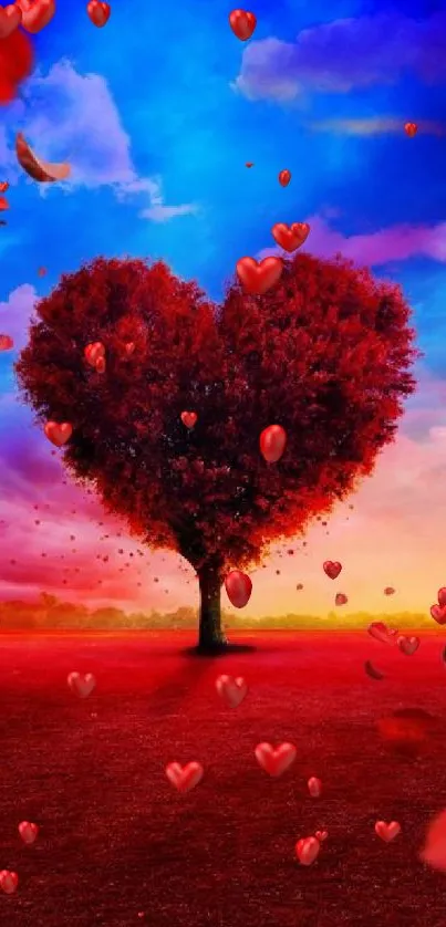 Heart-shaped tree with red leaves against a vibrant blue sky.