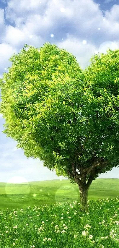 Heart-shaped tree on a green field under a blue sky.