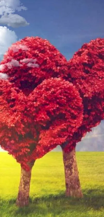 Heart-shaped tree landscape with a bright sun and green field.